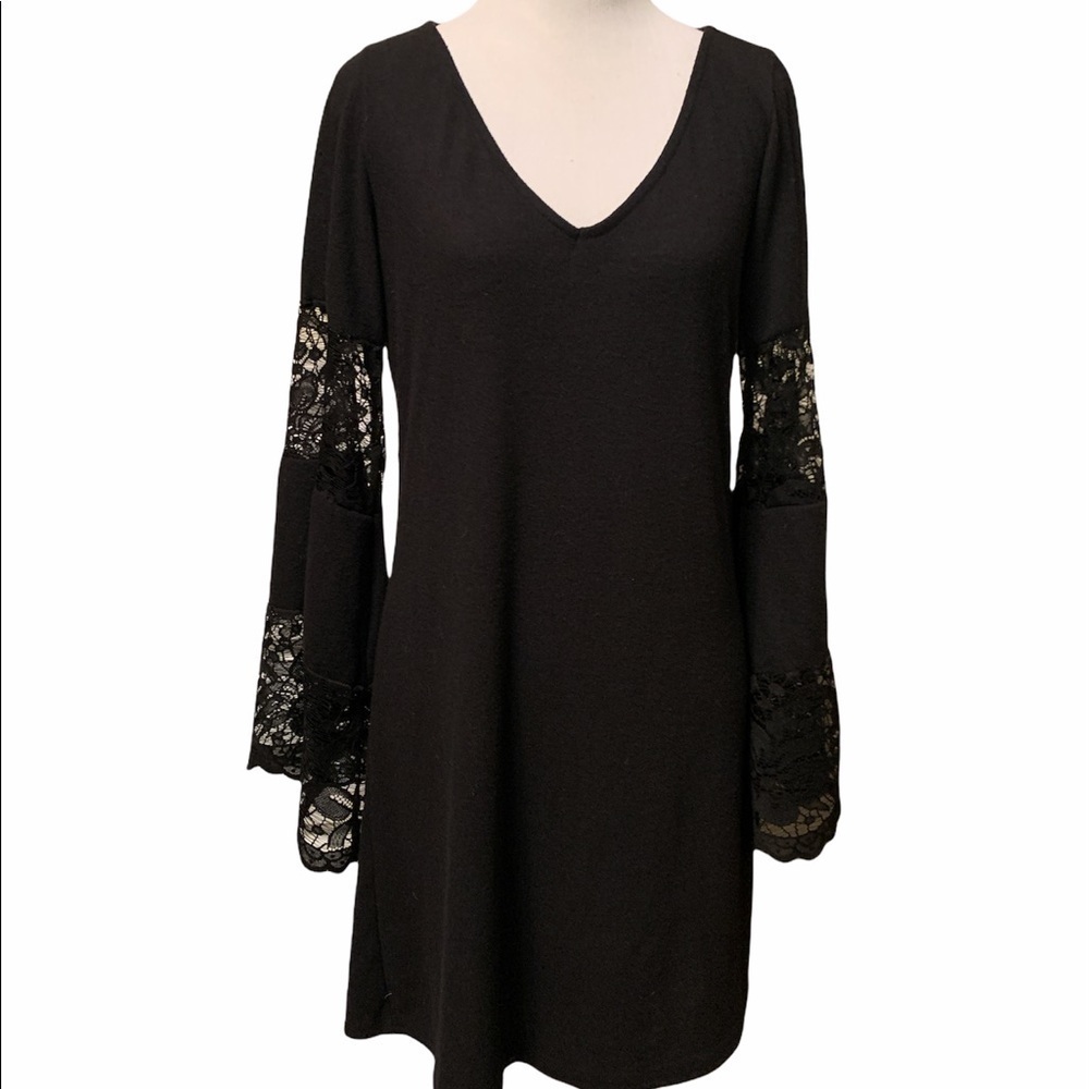 The vanity room black super soft and comfy bell sleeve dress with lace inserts